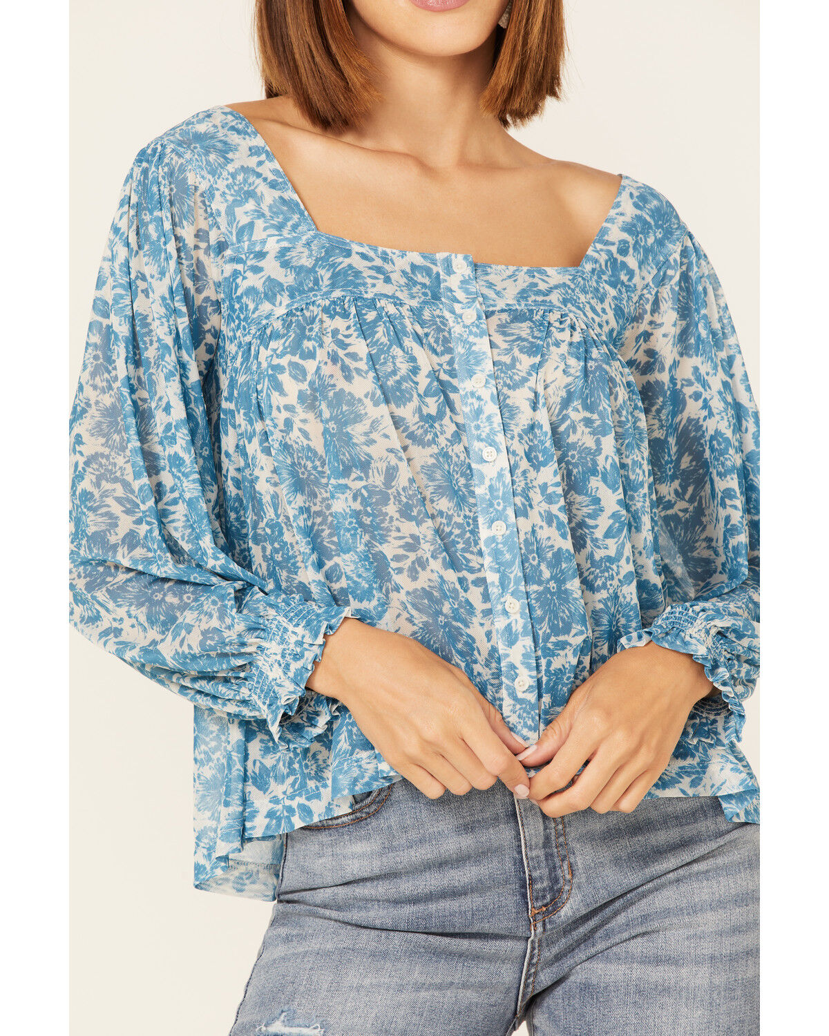 Image #3 - Beyond The Radar Women's Floral Print Long Sleeve Mesh Top, Blue, hi-res