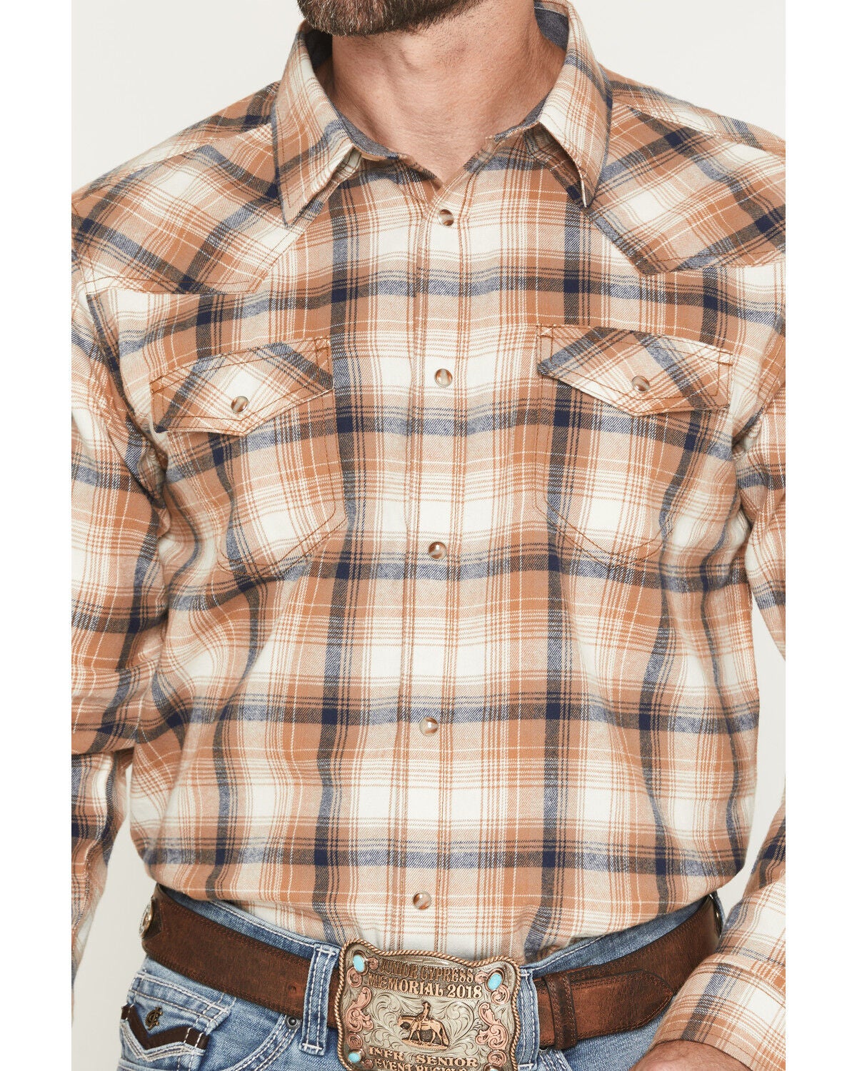 Image #3 - Cody James Men's Bravo Plaid Print Long Sleeve Snap Flannel Shirt, Tan, hi-res