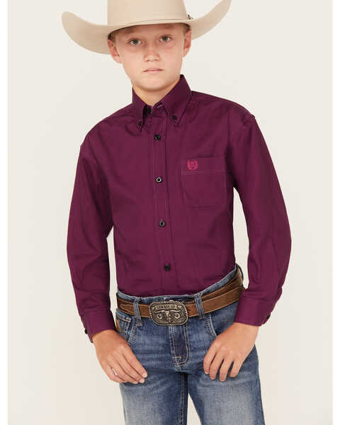 Image #1 - Panhandle Boys' Solid Long Sleeve Button Down Shirt, Maroon, hi-res