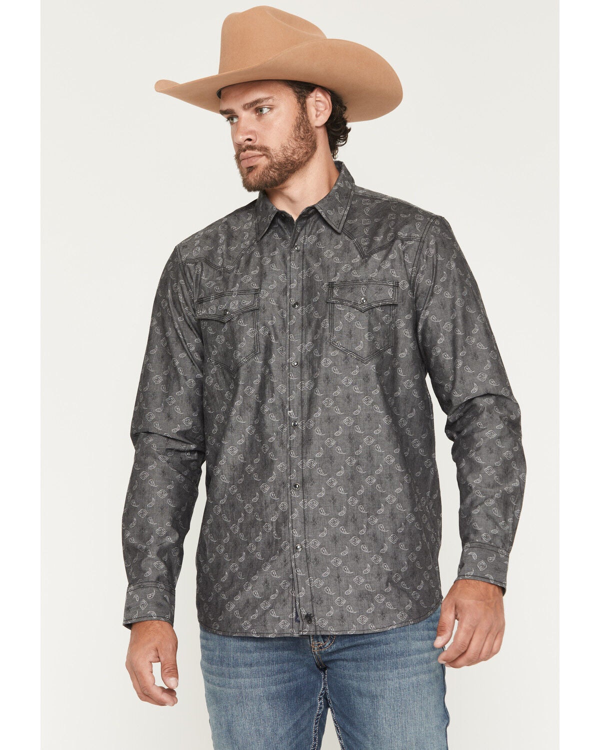 Moonshine Spirit&reg; Men's Steel Drum Bobby Paisley Print Long Sleeve Snap Western Shirt, Grey, hi-res
