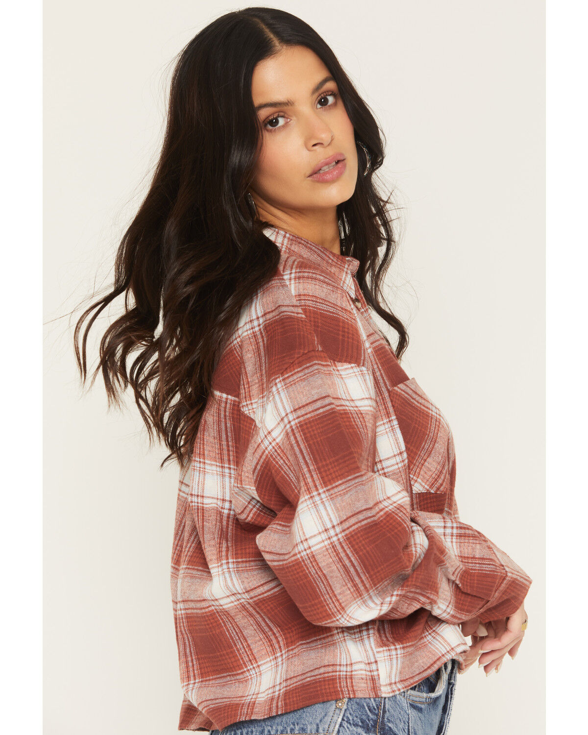 Image #2 - Ely Walker Women's Boot Barn Exclusive Plaid Print Long Sleeve Button-Down Cropped Flannel Shirt, Burgundy, hi-res