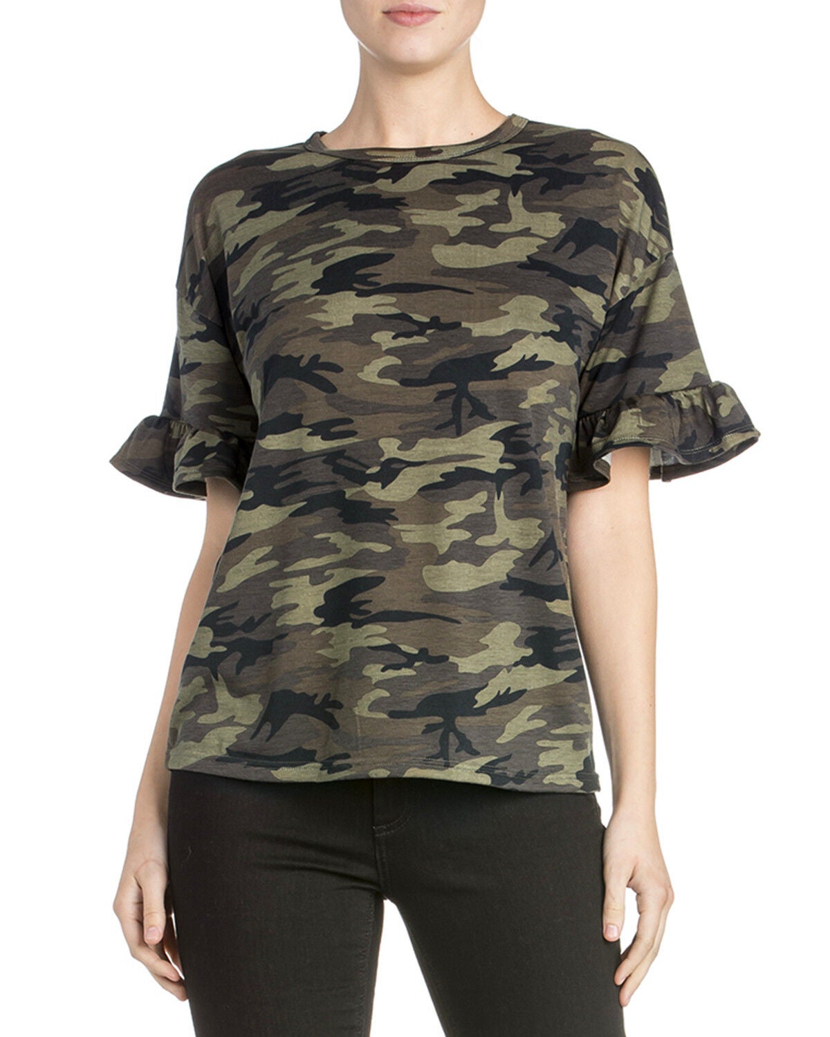 Camo ruffle sleeve top Clearance
