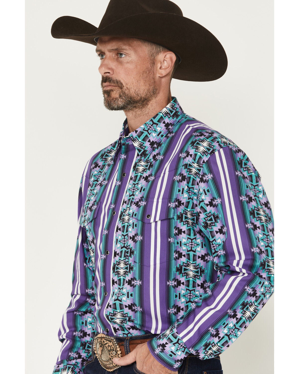 Image #2 - Wrangler Men's Checotah Southwestern Print Long Sleeve Snap Western Shirt, Purple, hi-res