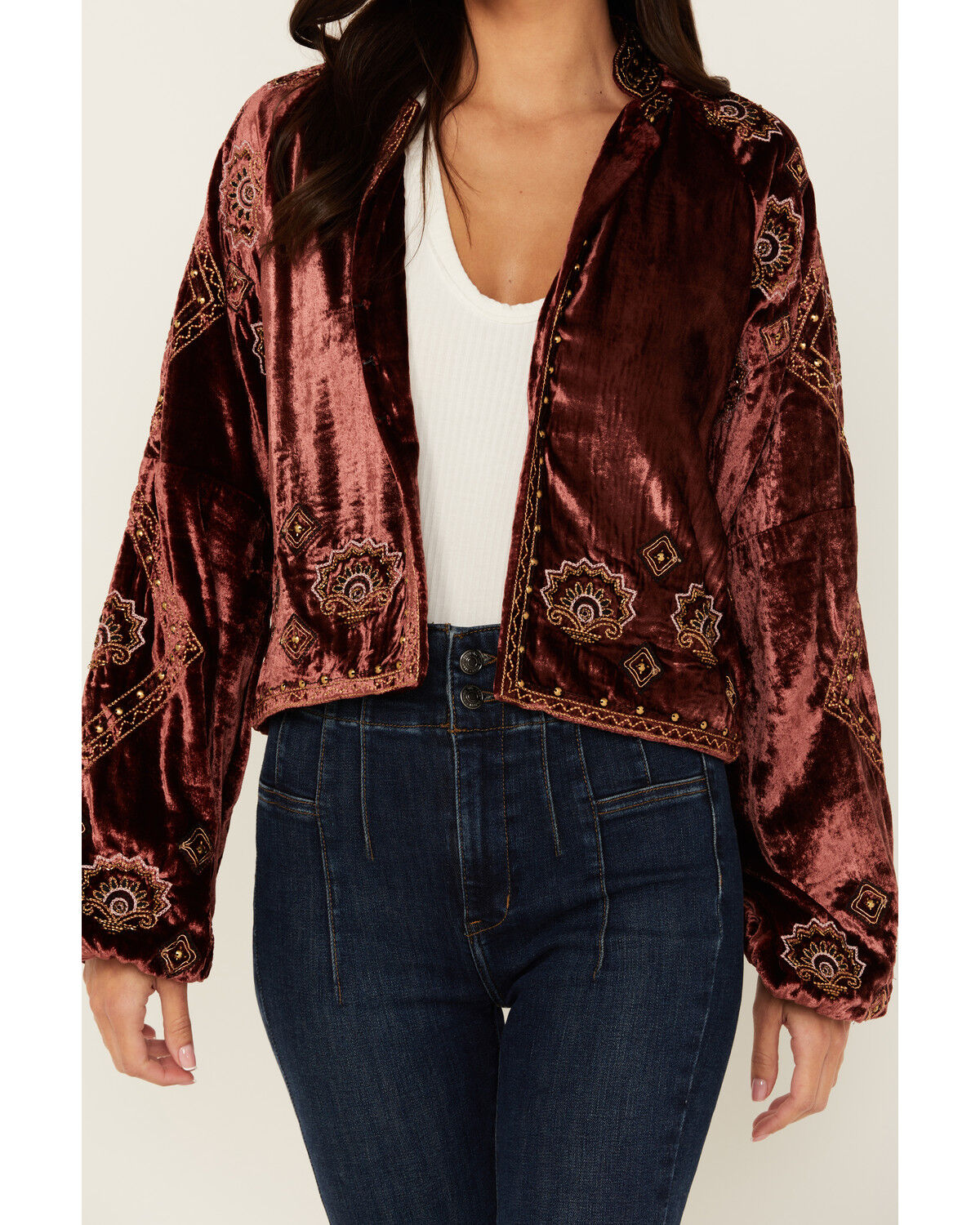 Image #3 - Shyanne Women's Velvet Beaded Jacket, Dark Red, hi-res