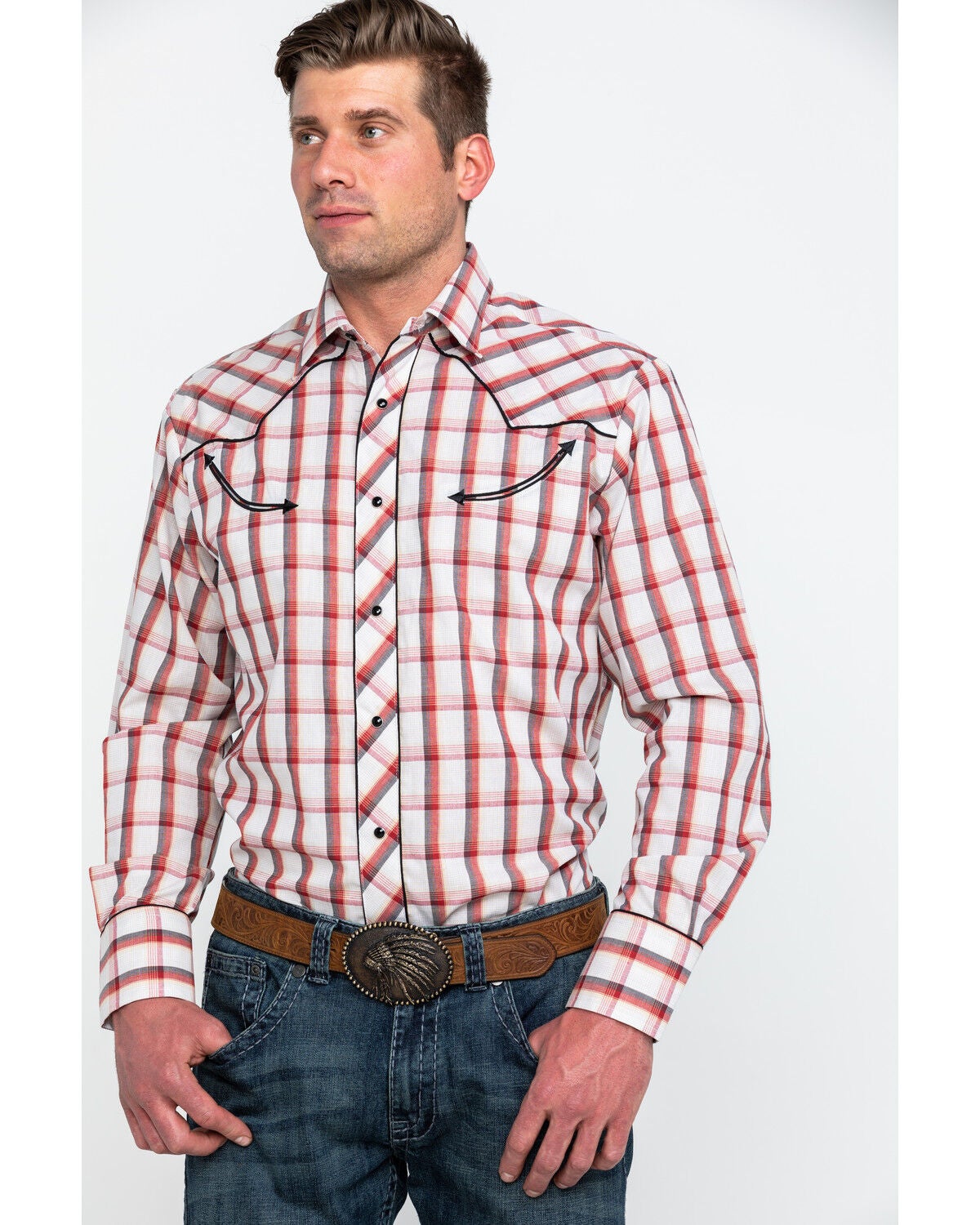 Roper Men's Large Fancy Plaid Long Sleeve Western Shirt, Red, hi-res