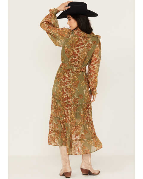 Image #4 - Miss Me Women's Long Sleeve Floral Tier Dress, Olive, hi-res