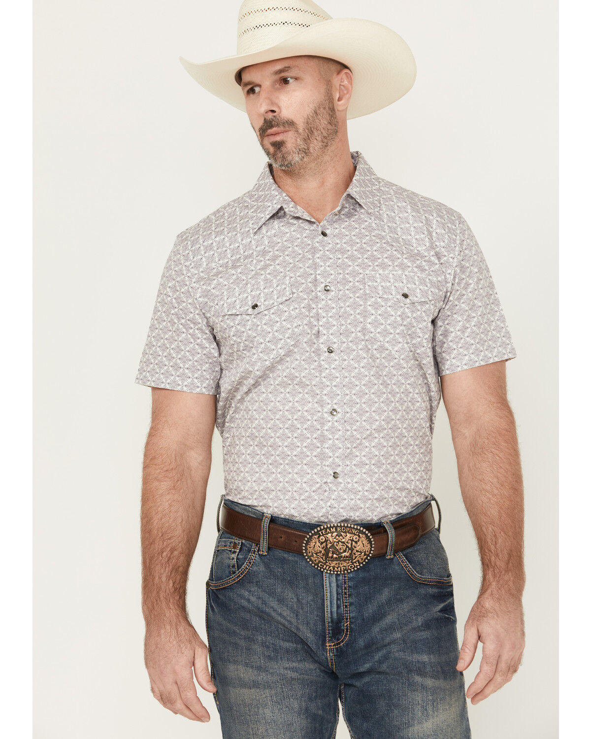 Image #1 - Gibson Trading Co Men's Purple Hazed Medallion Print Short Sleeve Pearl Snap Western Shirt, Purple, hi-res
