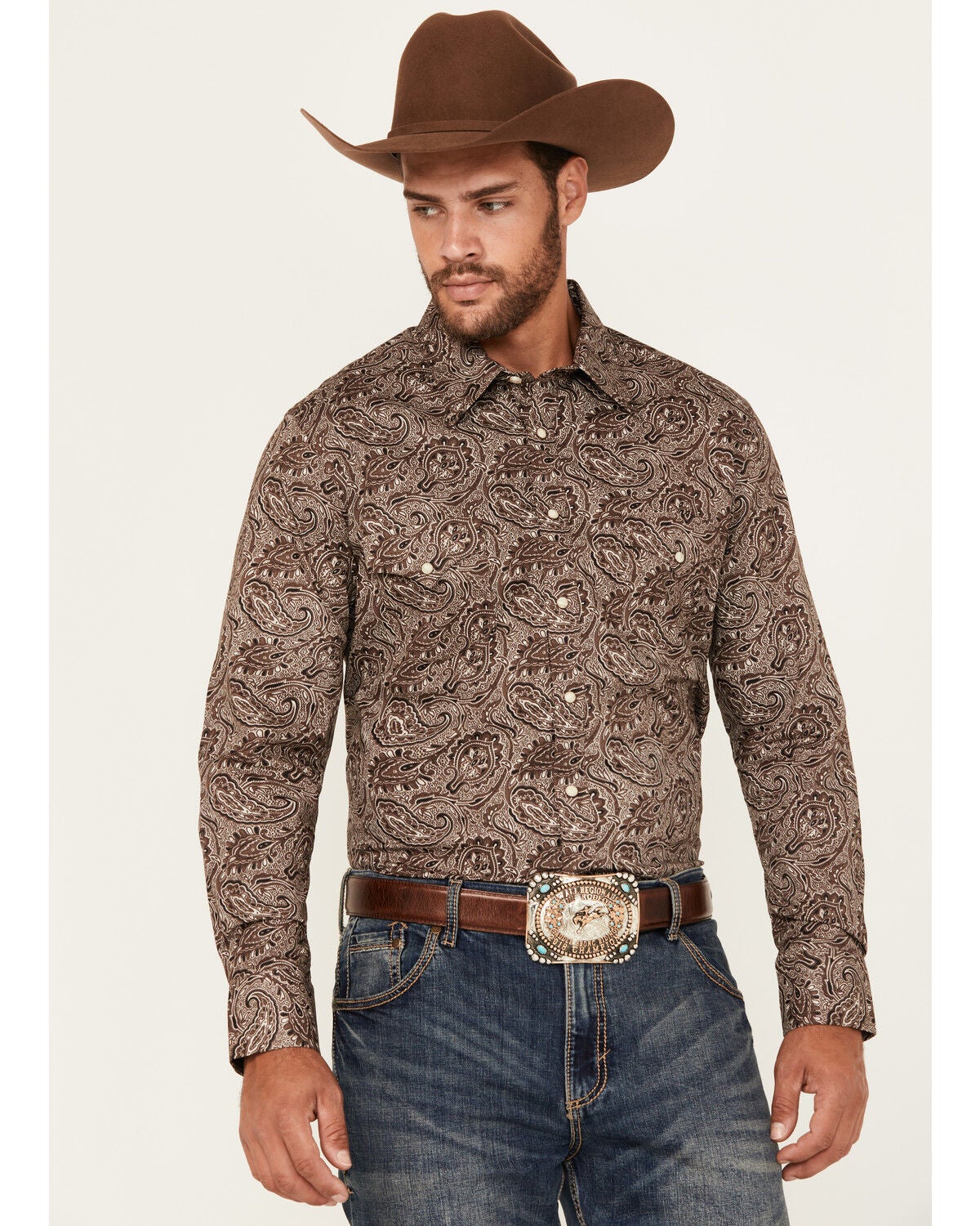 Rock & Roll Denim Men's Paisley Print Long Sleeve Snap Stretch Western Shirt, Brown, hi-res