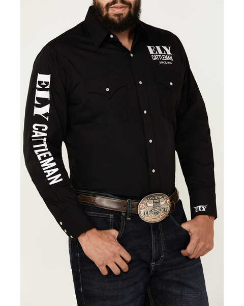 Image #3 - Ely Walker Men's Logo Embroidered Long Sleeve Pearl Snap Western Shirt, Black, hi-res