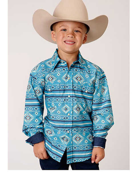 Roper Boys' Southwestern Stripe Print Long Sleeve Western Snap Shirt, Blue, hi-res