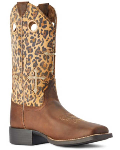 Ariat Women's Round Up Crossroads Western Boots - Broad Square Toe, Leopard, hi-res