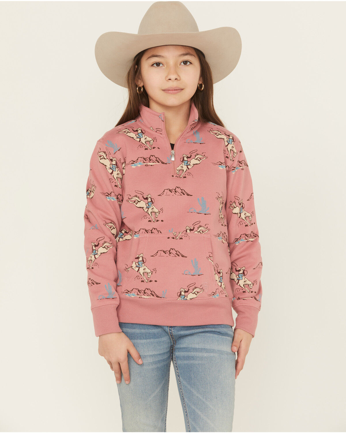 Image #1 - Ariat Girls' Horse Print 1/4 Zip Pullover, Pink, hi-res