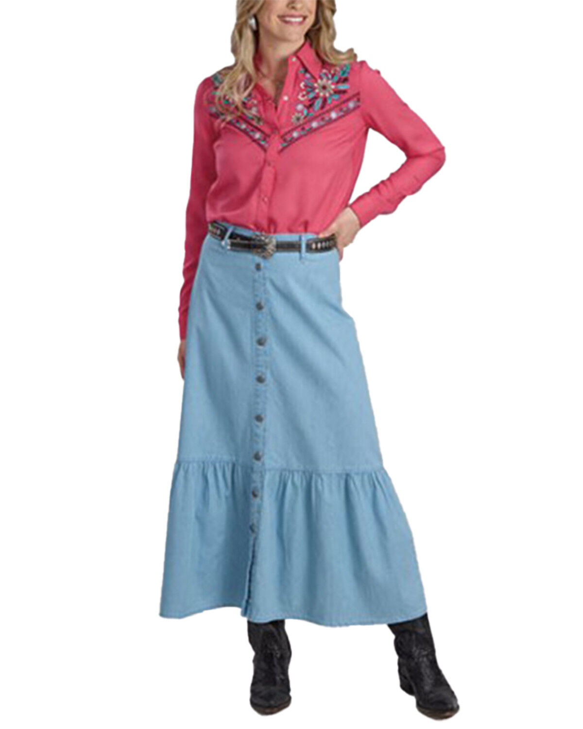Image #1 - Roper Women's Light Wash Button-Down Midi Denim Skirt, Light Wash, hi-res