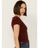 Image #2 - Shyanne Women's V Neck Short Sleeve Stretch Knit Top , Brown, hi-res