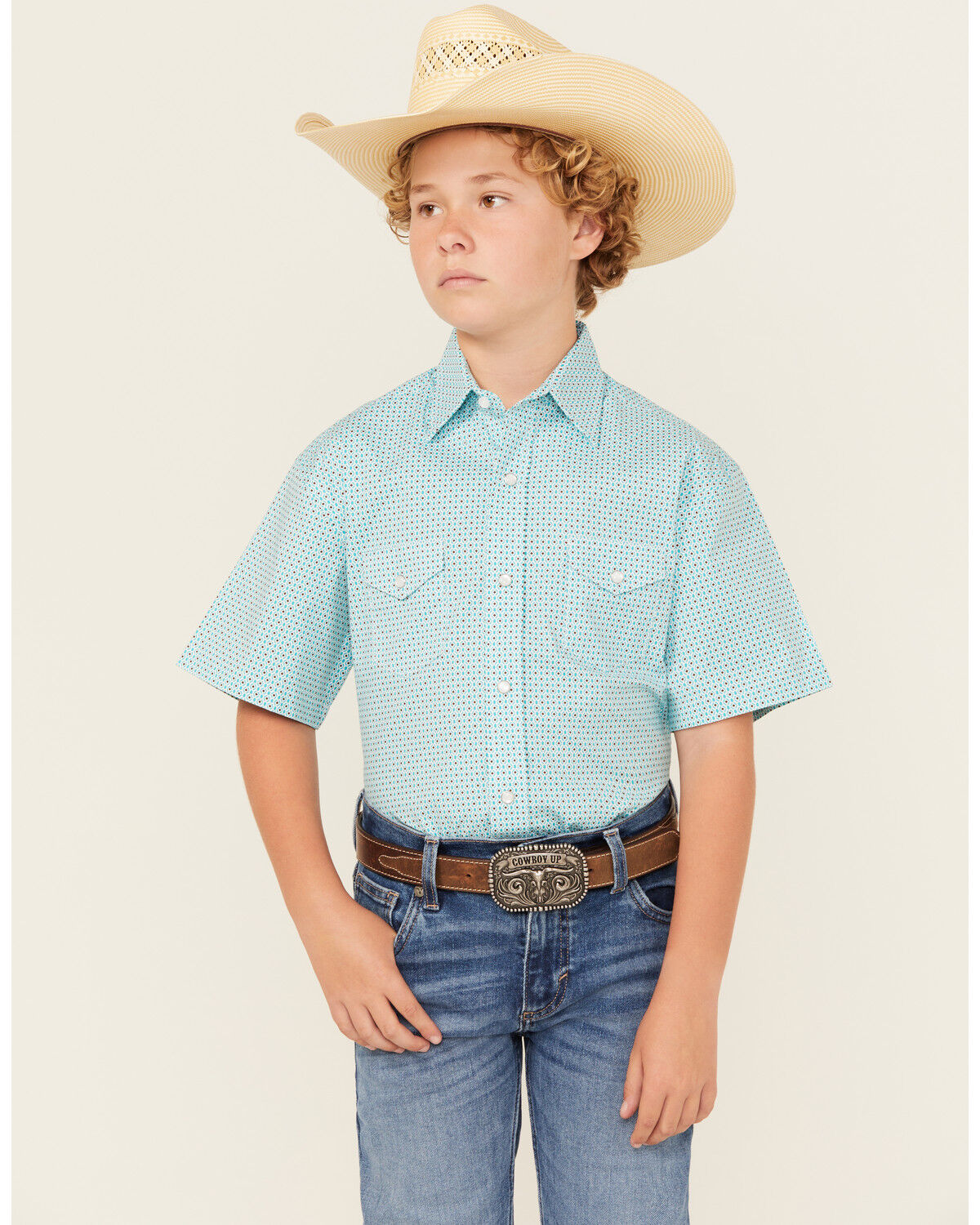 Image #1 - Panhandle Boys' Geo Print Short Sleeve Snap Western Shirt, Aqua, hi-res