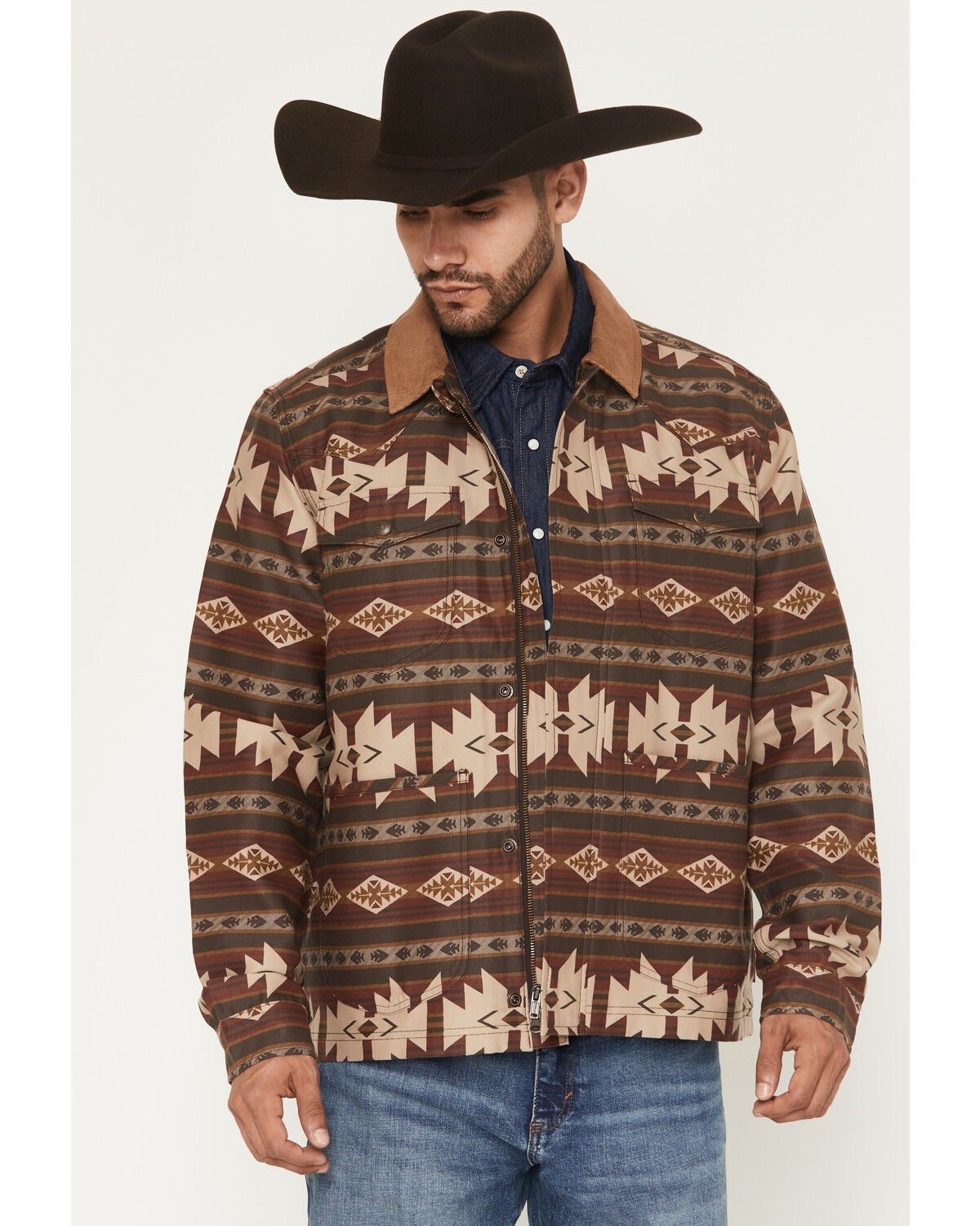 Cody James Men's FR Buck Southwestern Print Barn Coat, Dark Brown, hi-res