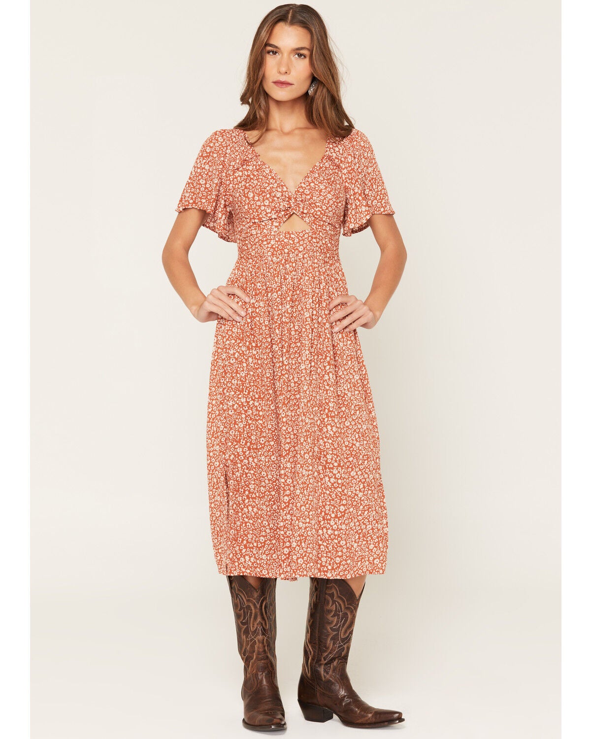 Image #1 - Angie Women's Floral Print Front Twist Midi Dress, Rust Copper, hi-res