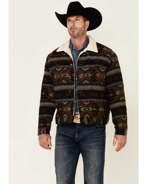 Image #1 - Wrangler Men's Brown Whiskey Jacquard Southwestern Print Button-Front Sherpa Jacket , , hi-res