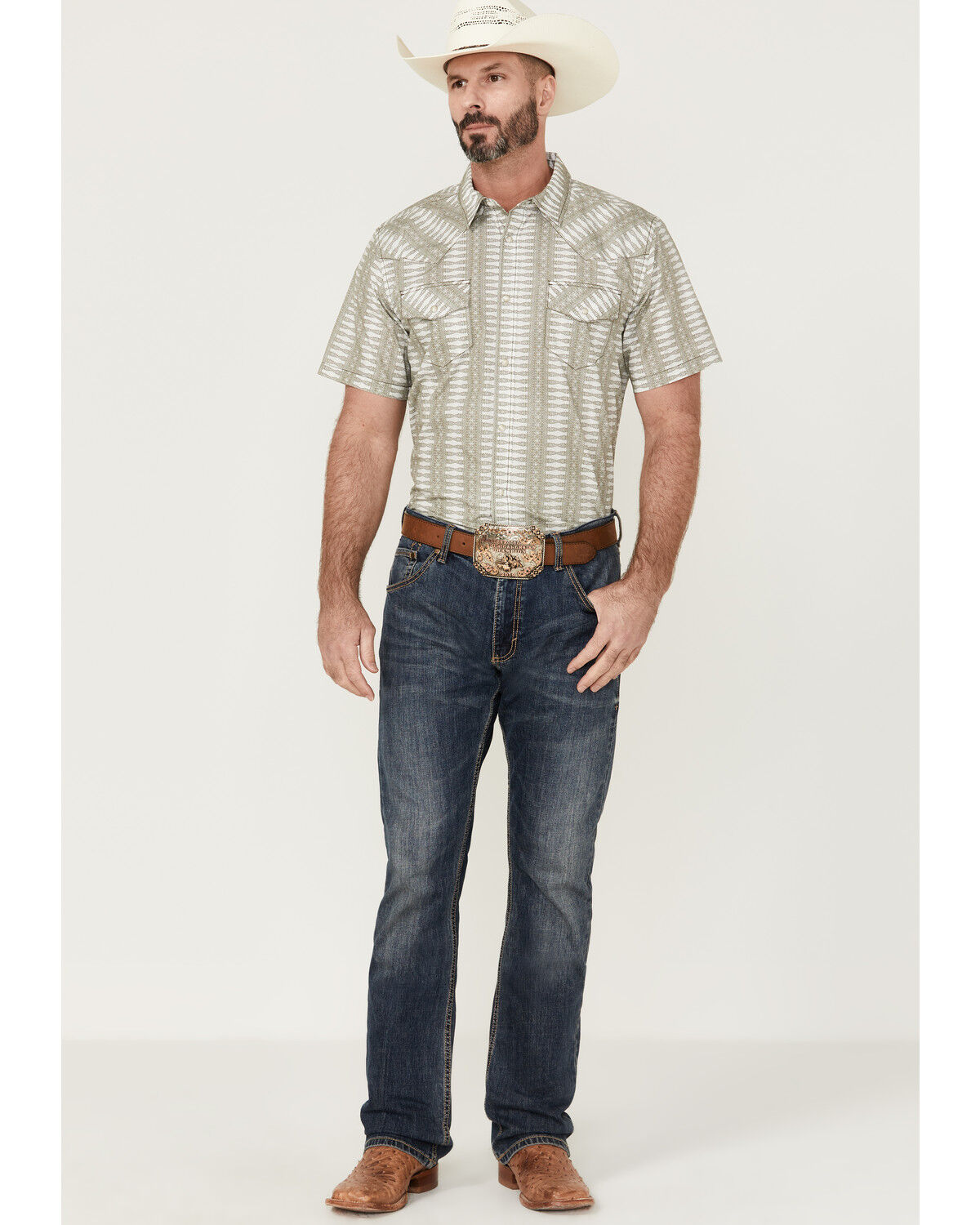 Image #2 - Gibson Men's Cream Southwestern Stripe Short Sleeve Pearl Snap Western Shirt, Cream, hi-res