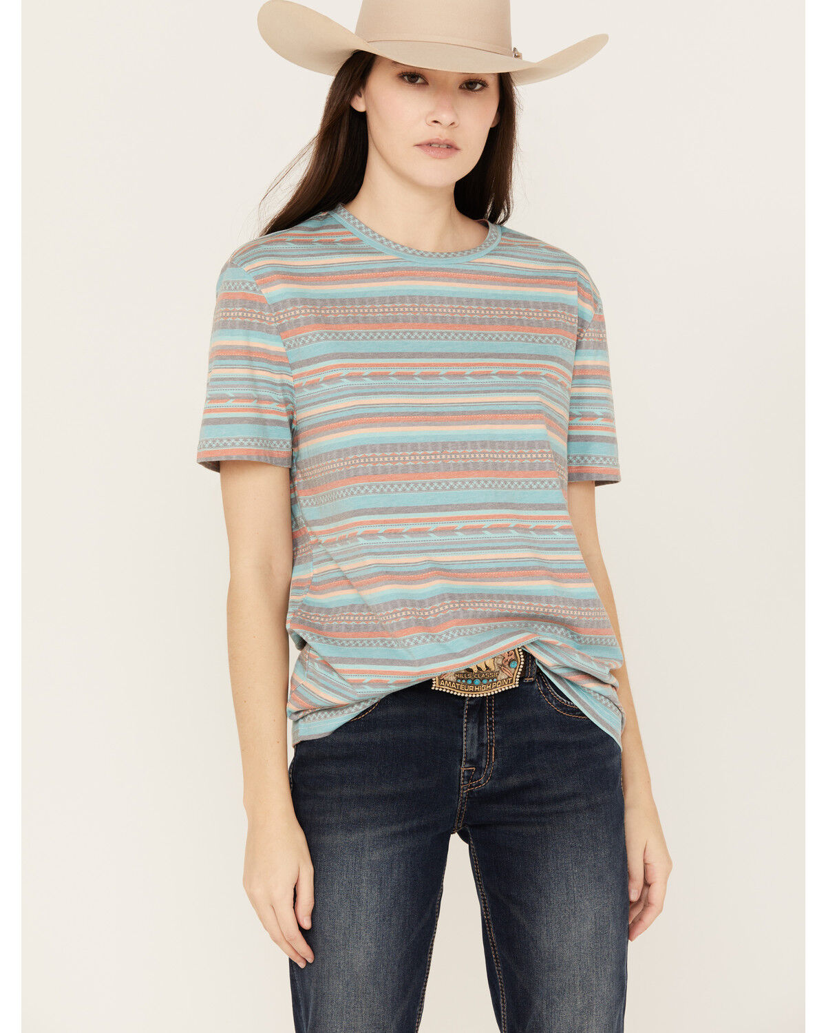 Image #1 - Rock & Roll Denim Women's Striped Southwestern Short Sleeve Tee, Aqua, hi-res