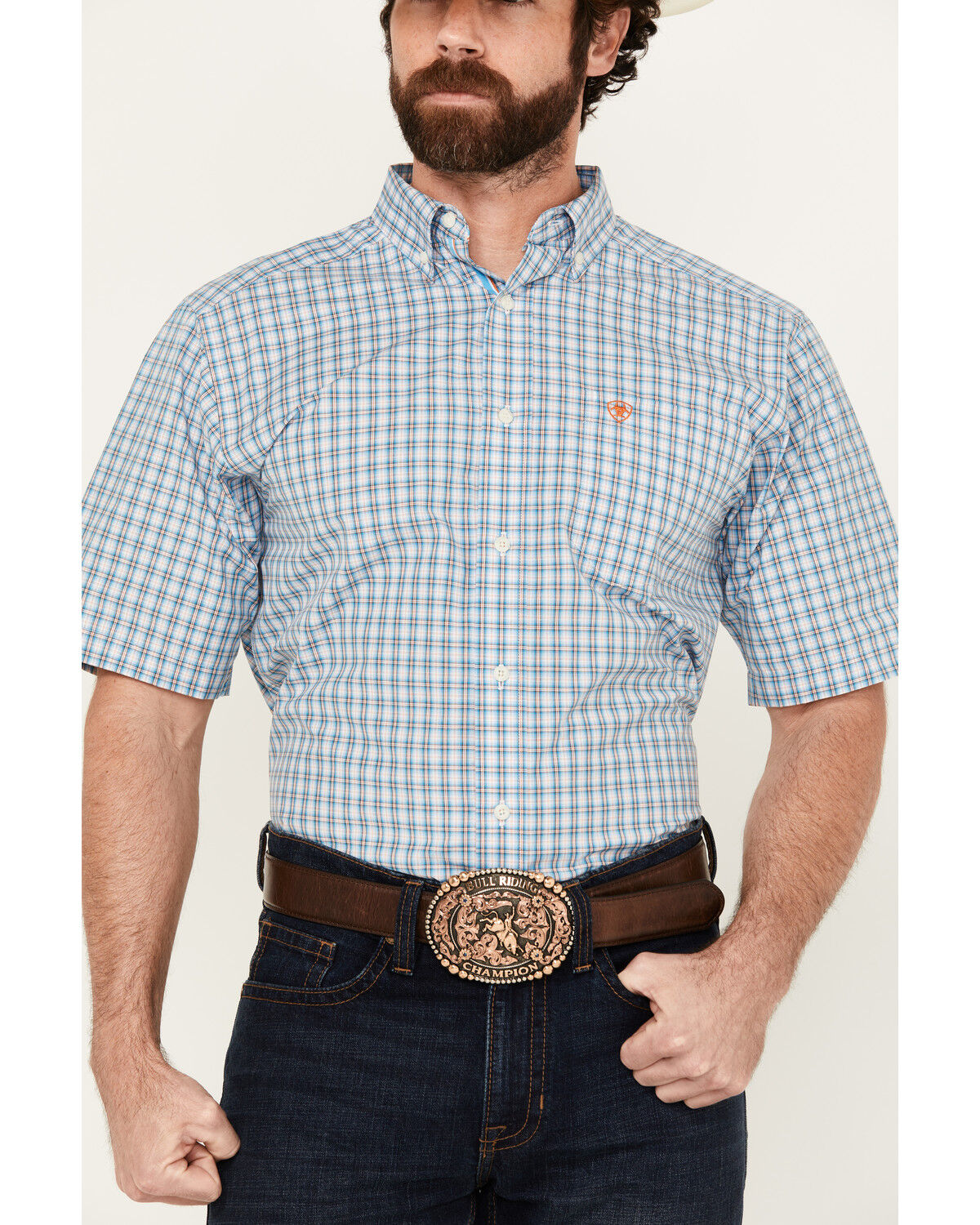 Image #3 - Ariat Men's Richard Plaid Print Short Sleeve Button-Down Performance Western Shirt, Blue, hi-res