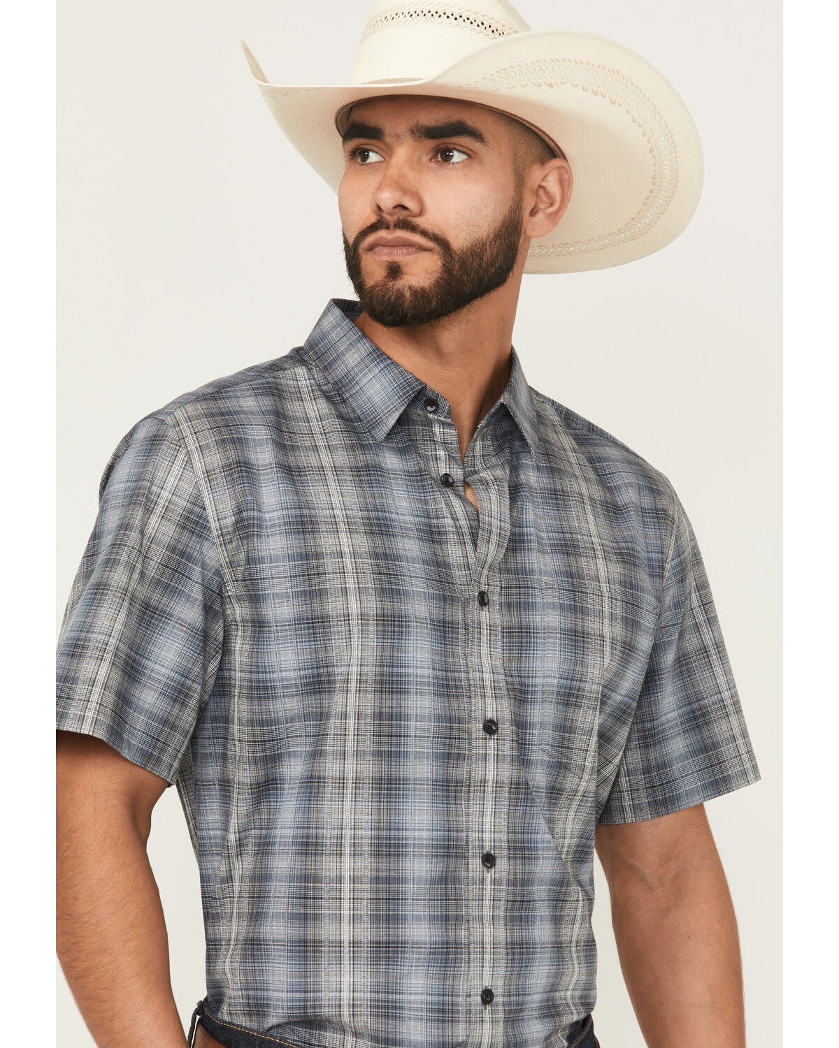 Cody James Men's Nevada Plaid Print Short Sleeve Button-Down Stretch Western Shirt, Blue, hi-res