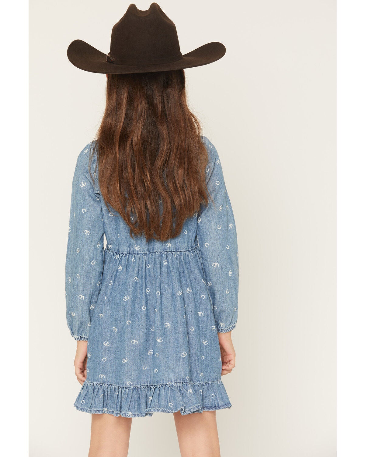 Image #4 - Wrangler Girls' Horseshoe Print Denim Dress, Blue, hi-res