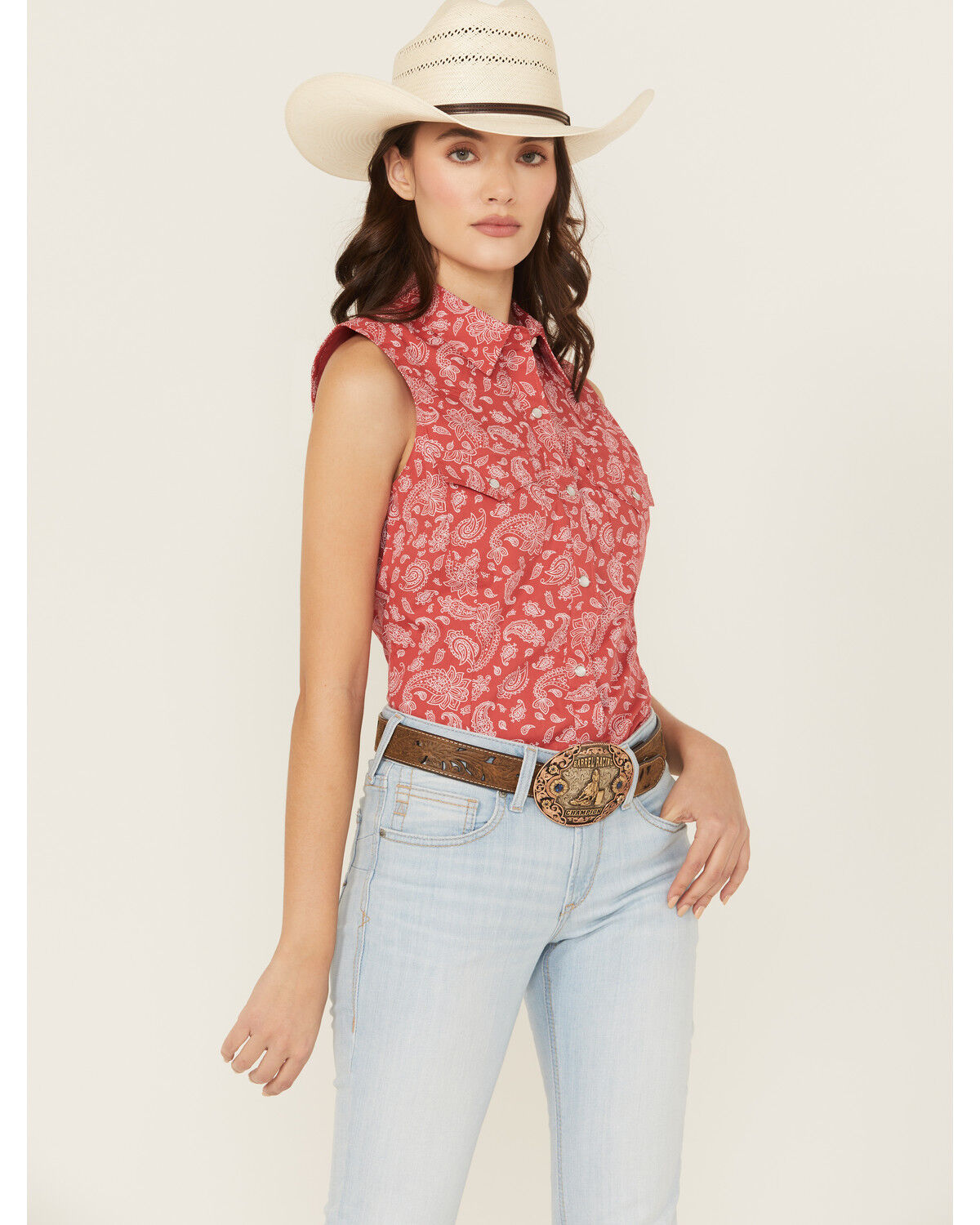 Image #1 - Wrangler Retro Women's Boot Barn Exclusive Paisley Print Sleeveless Pearl Snap Western Shirt, Red, hi-res
