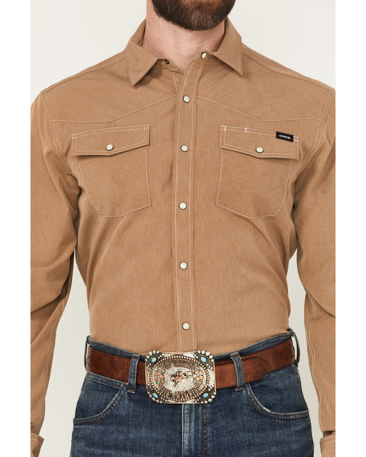 Image #2 - Cinch Men's Solid Arenaflex Long Sleeve Snap Western Performance Shirt, Brown, hi-res