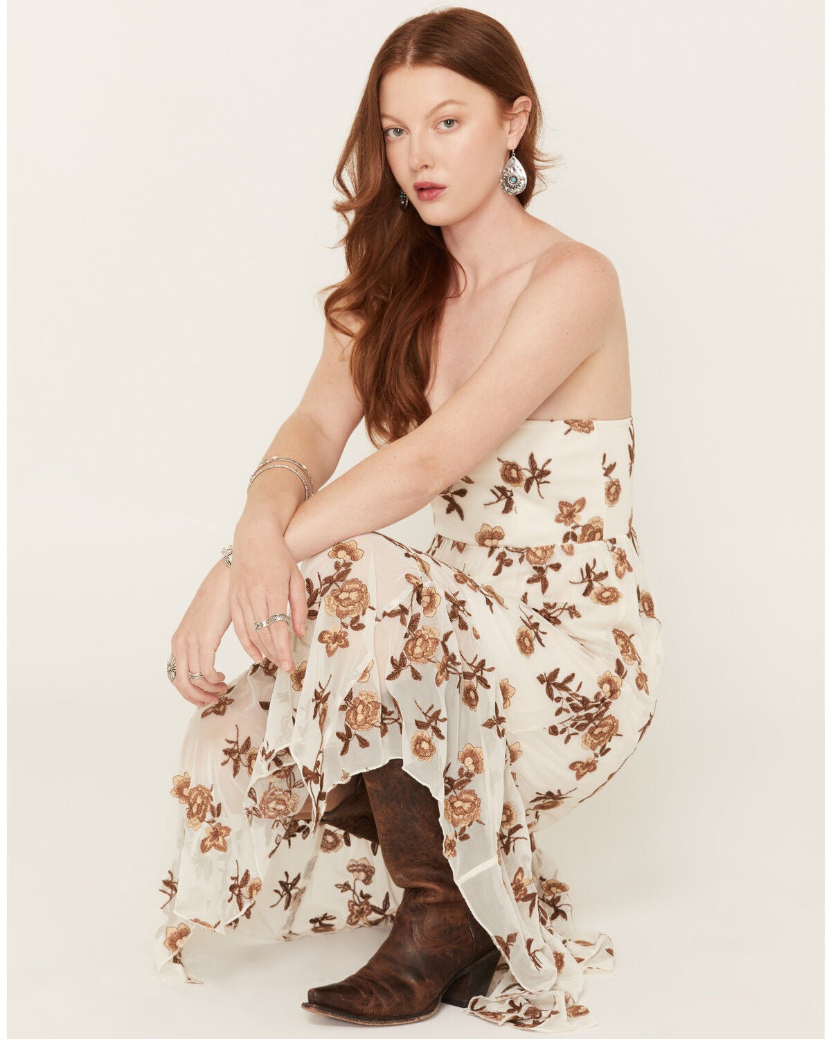 Image #1 - Originality Women's Floral Embroidered Mesh Midi Dress, Ivory, hi-res