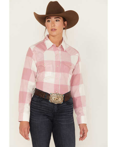 Wrangler Women's Buffalo Check Print Long Sleeve Western Flannel Pearl Snap Shirt, Blush, hi-res