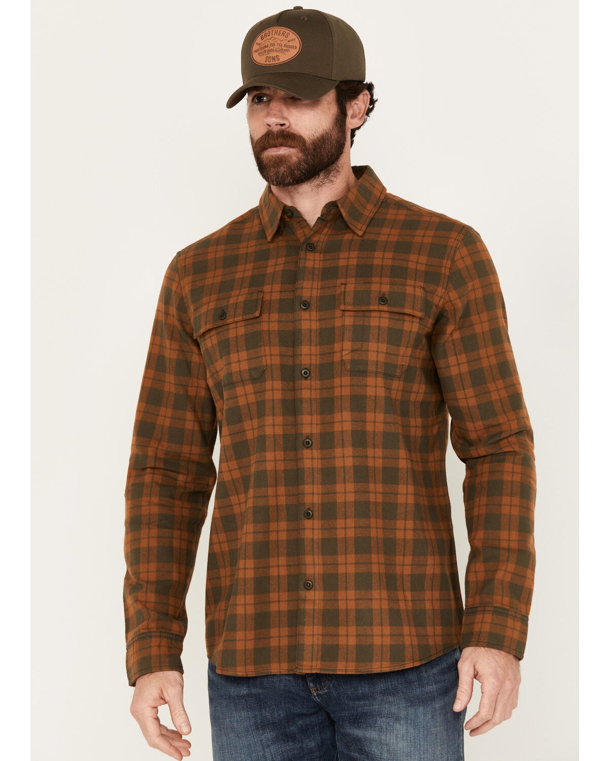 Brothers and Sons Men's Bell Everyday Plaid Print Long Sleeve Button-Down Flannel Shirt, Rust Copper, hi-res