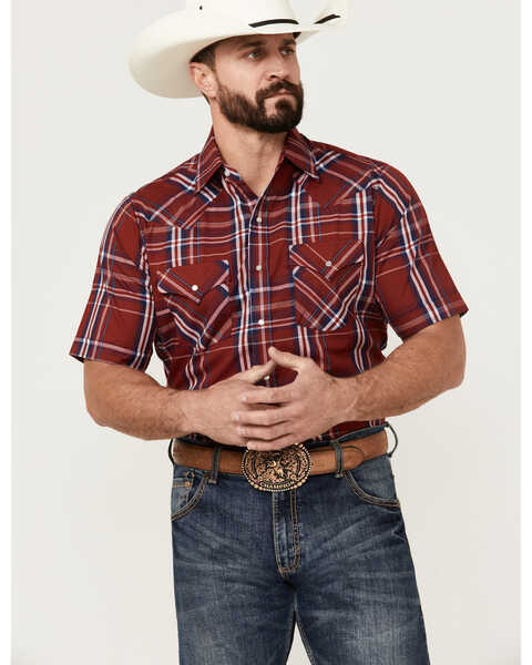 Image #1 - Ely Walker Men's Plaid Print Short Sleeve Pearl Snap Western Shirt - Big , Red, hi-res