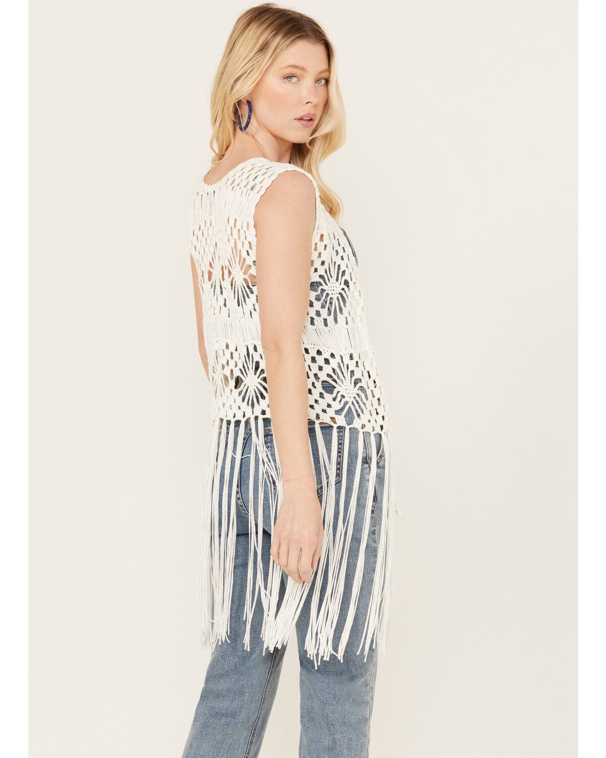 Image #4 - Rock & Roll Denim Women's Crochet Fringe Vest, Cream, hi-res
