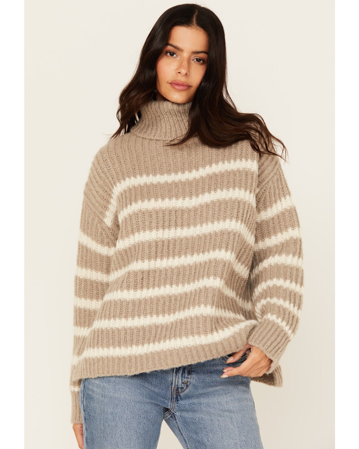 Sadie & Sage Women's Striped Turtleneck Sweater, Grey, hi-res