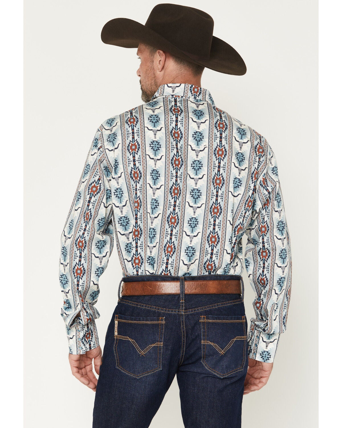 Image #4 - Wrangler Men's Checotah Southwestern Striped Long Sleeve Pearl Snap Western Shirt - Tall, Blue, hi-res