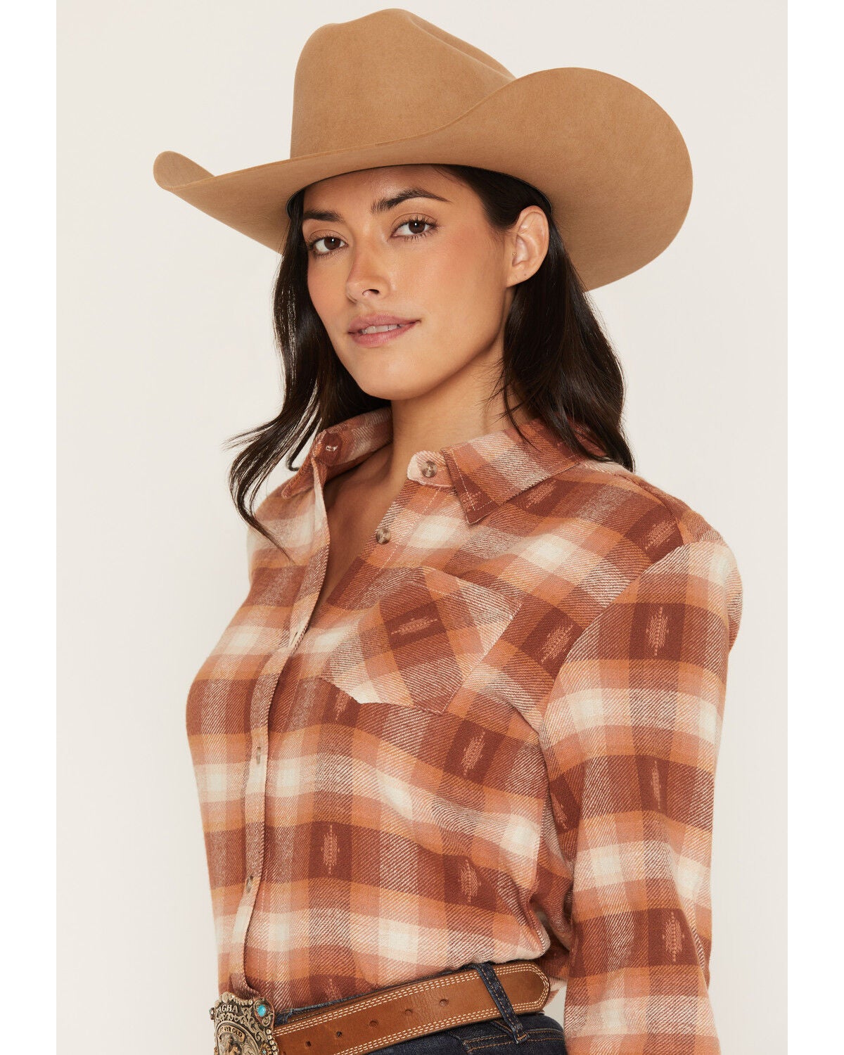 Image #2 - Shyanne Women's Vistas Plaid Print Long Sleeve Button-Down Flannel Shirt, Bark, hi-res