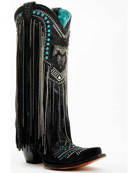 Corral Women's Embroidered and Crystal Eagle Fringe Western Boots - Snip Toe , Black, hi-res