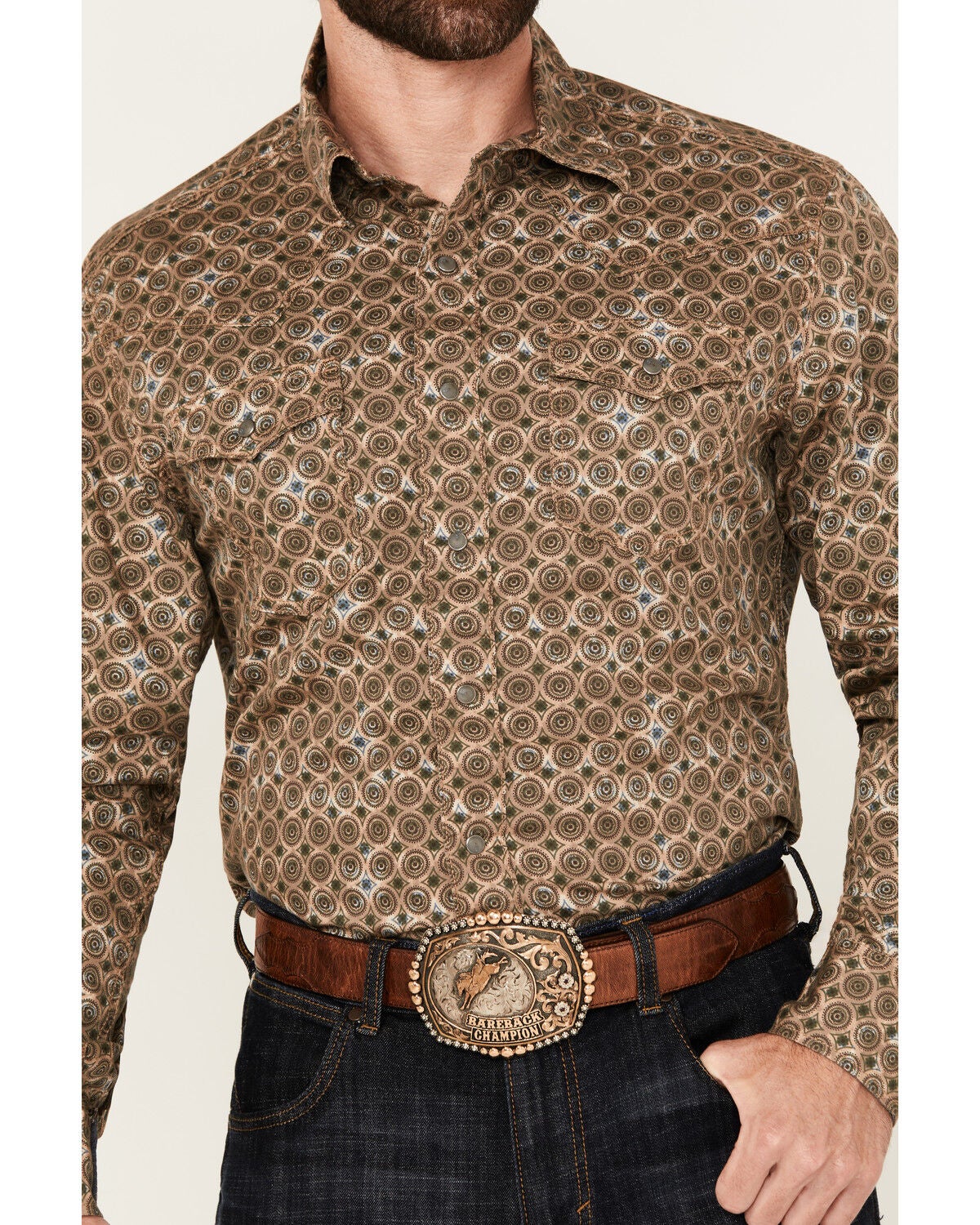 Image #3 - Wrangler Retro Men's Medallion Print Long Sleeve Snap Western Shirt, Brown, hi-res