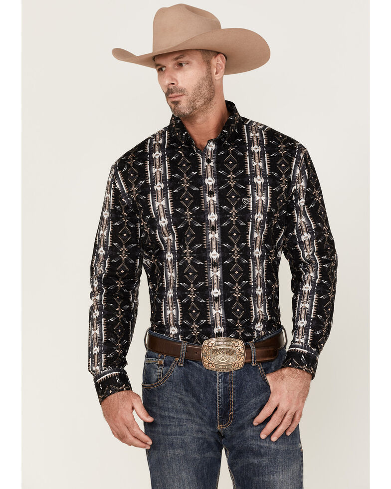 Rock & Roll Denim Men's Vertical Southwestern Print Long Sleeve Button-Down Western Shirt , Black, hi-res