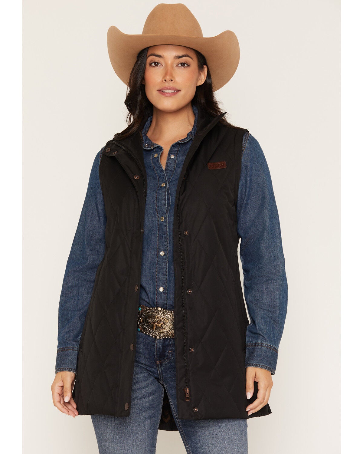 Cinch Women's Quilted 2/4 Length Fleece Lined Vest, Black, hi-res