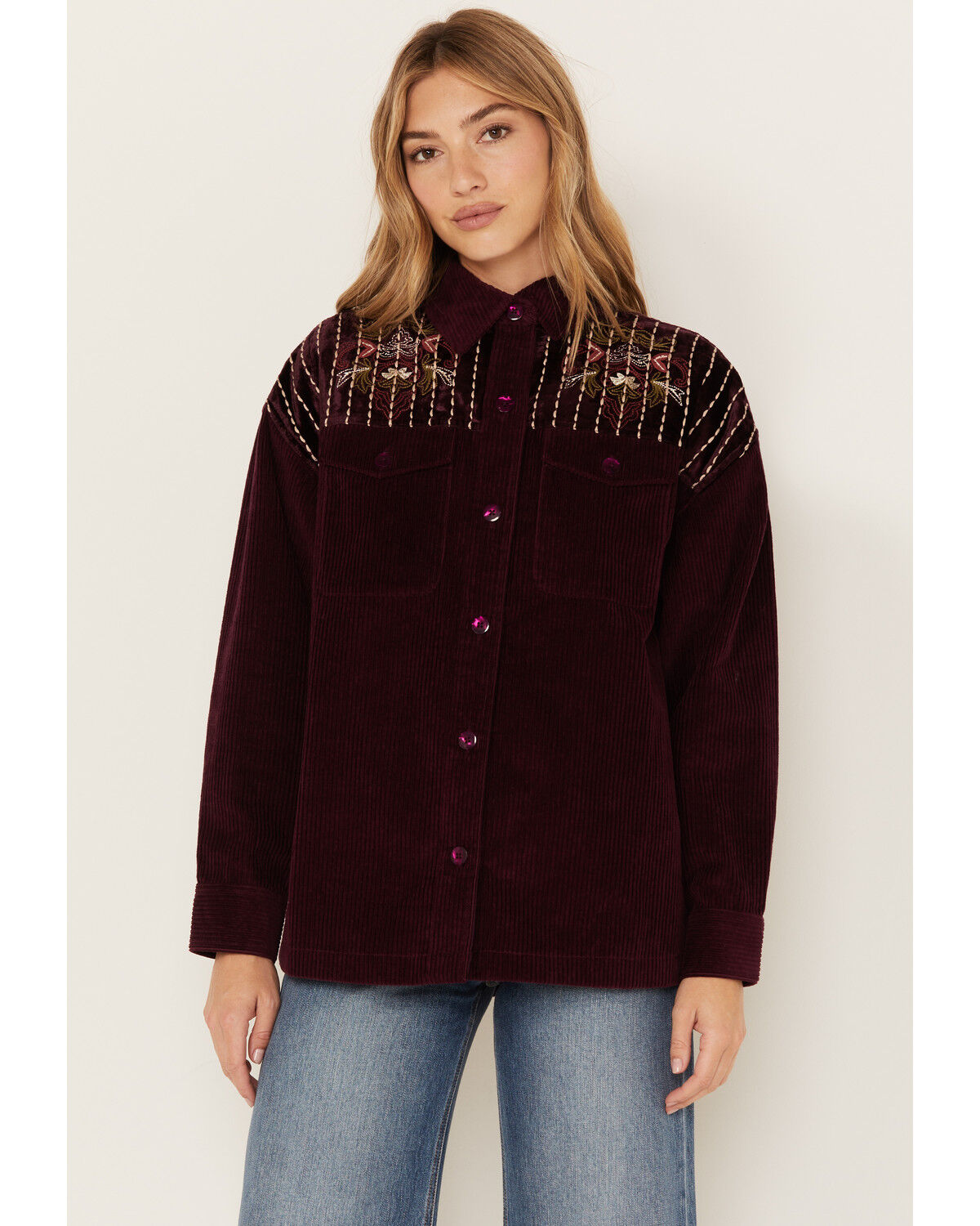 Image #1 - Cleo + Wolf Women's Embroidered Velvet Shacket, Grape, hi-res