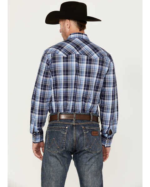 Image #4 - Wrangler Retro Men's Plaid Print Long Sleeve Snap Western Shirt, Blue, hi-res