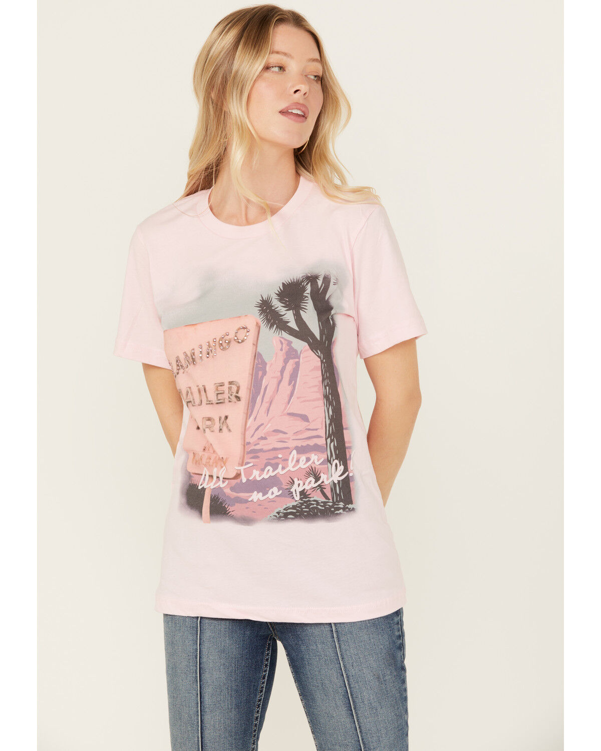 Image #1 - Gina Tees Women's Flamingo Trailer Short Sleeve Graphic Tee, Pink, hi-res