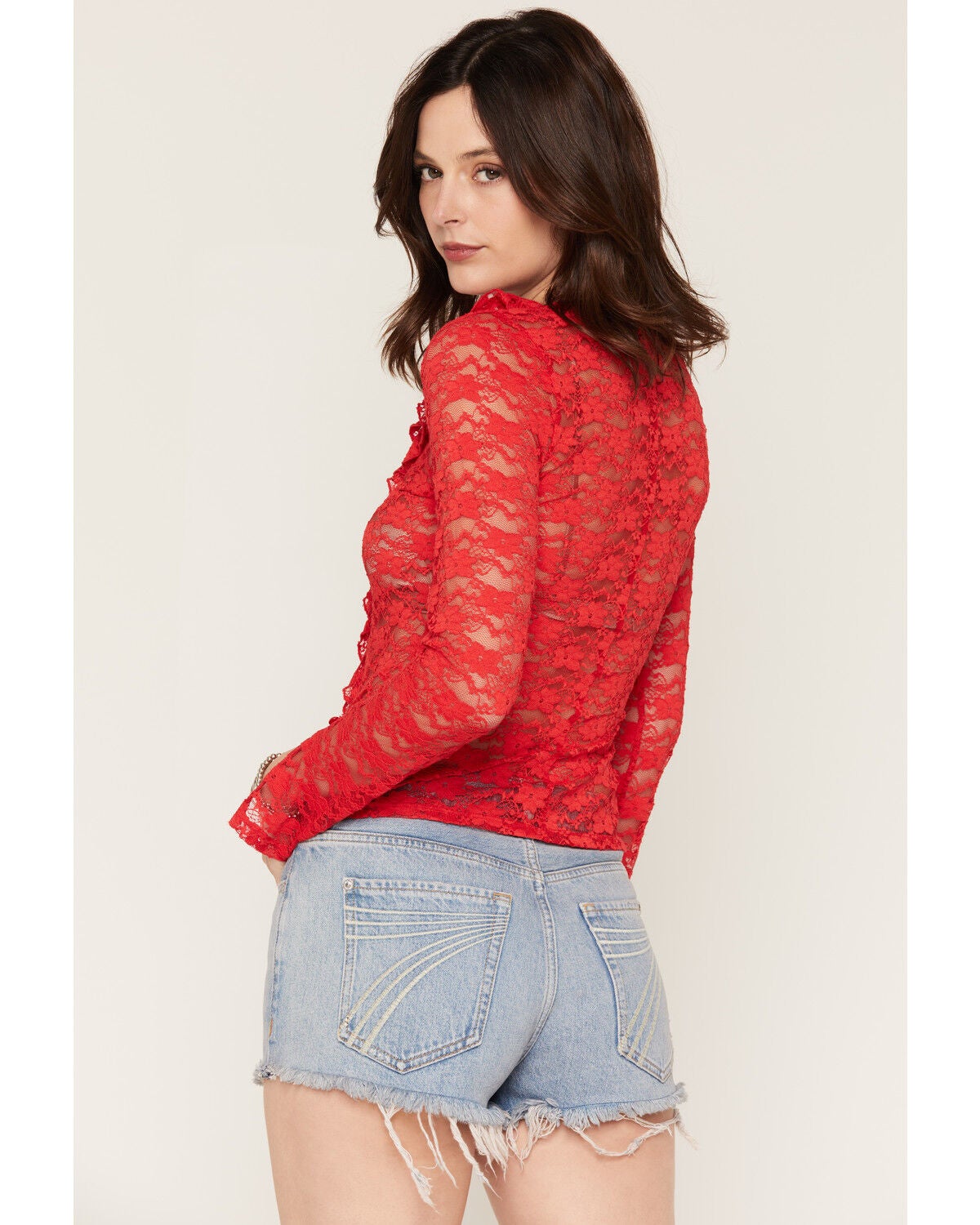 Image #4 - Trixxi Women's Ruffle Front Lace Top, Red, hi-res