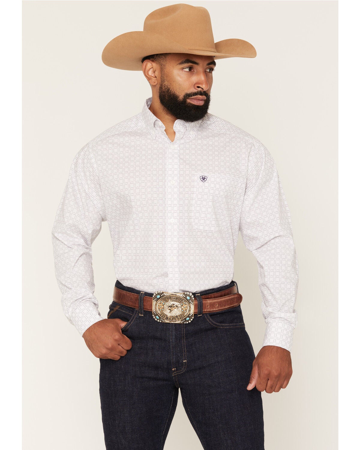 Image #1 - Ariat Men's Pace Geo Print Long Sleeve Button-Down Western Shirt - Big, White, hi-res