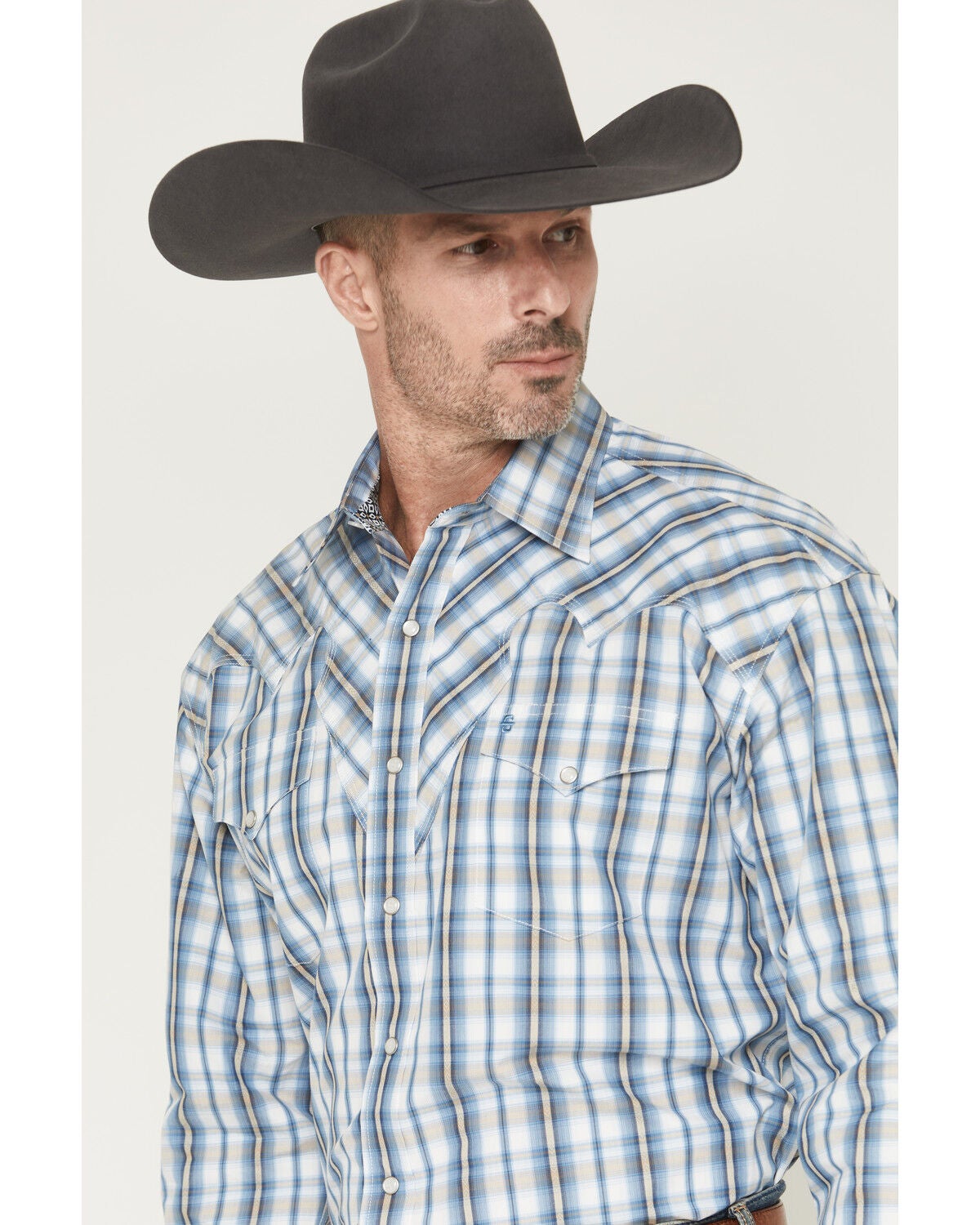 Image #2 - Stetson Men's Dobby Plaid Print Long Sleeve Snap Western Shirt, Blue, hi-res