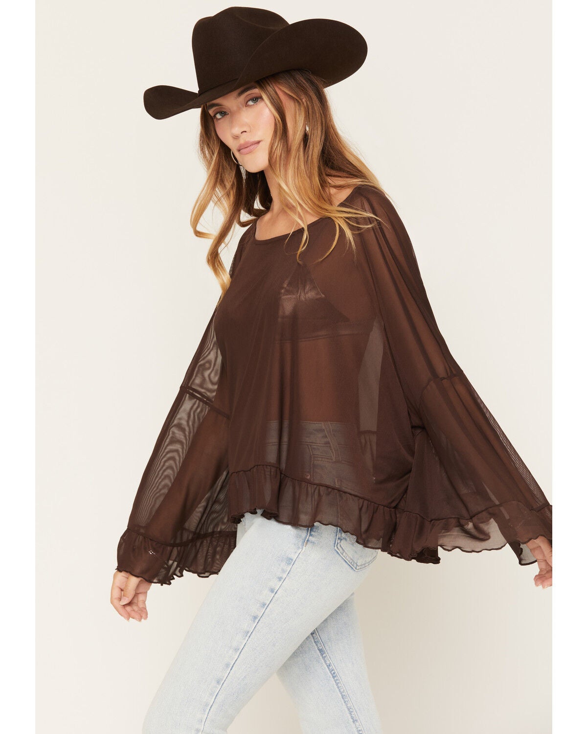 Image #2 - Wild Moss Women's Solid Mesh Poncho Top, Brown, hi-res