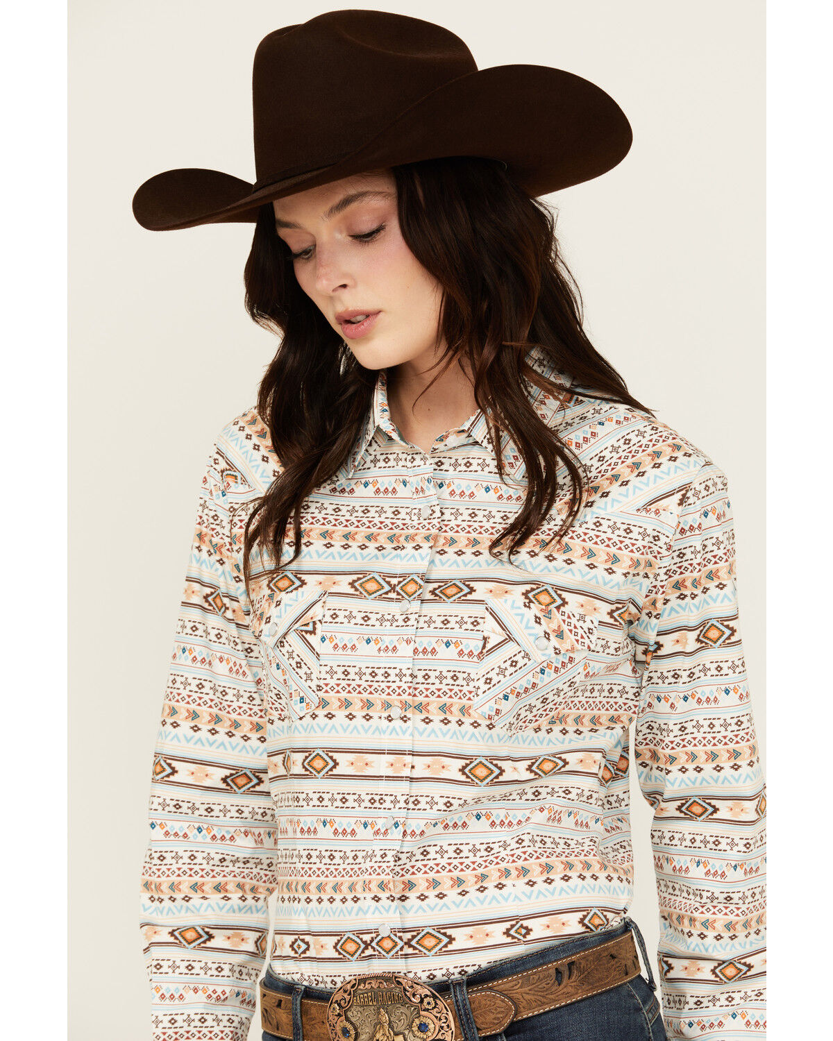 Image #2 - Rough Stock by Panhandle Women's Southwestern Striped Long Sleeve Pearl Snap Stretch Western Shirt, Cream, hi-res