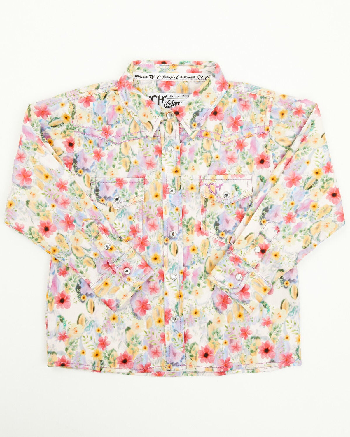 Cowgirl Hardware Toddler Girls' Floral Print Long Sleeve Rhinestone Snap Stretch Western Shirt, Pink, hi-res